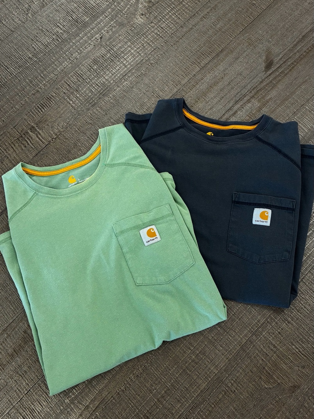 Pair of men’s Carhartt  short sleeve Pocket Tee - Mint Green and gray. Size L